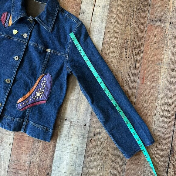 Lizwear Jeans Women's Upcycled Custom Button Up Denim Jacket Studded Patches - Picture 7 of 10